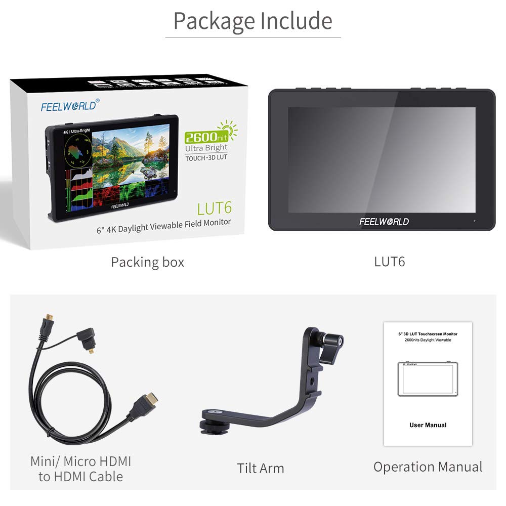 FEELWORLD LUT6 6 Inch 2600nits HDR 3D LUT Touch Screen DSLR Camera Field Monitor with Waveform VectorScope Histogram 4K HDMI Input Output 1920X1080