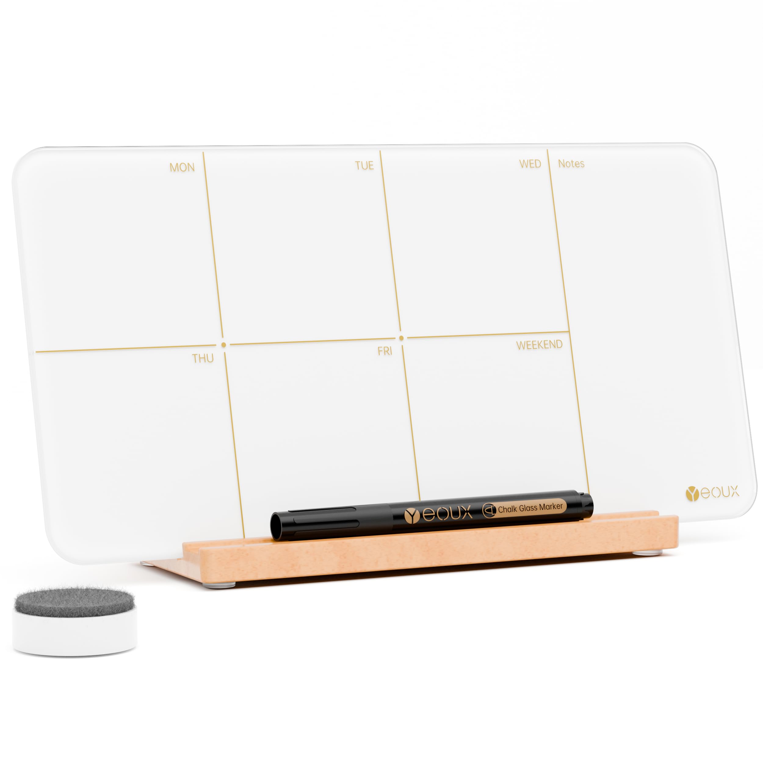 Photo 1 of Desktop Glass Weekly Planner Whiteboard with Detachable Wood Stand,Small Portable Dry Erase Calendar to Do List White Board 12x6 for Office, Home, Schools, Marker&Eraser Included, Yeoux