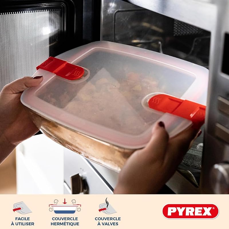 Cook & Heat - Lot de 3 Boites Carrées Identiques - 1L - Verre Borosilicate - LunchBox - Couvercle Hérmétique spécial Micro-Onde - Made in France