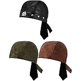 Croloose 3 Pcs Leather Biker Cap Adjustable Skull Cycling Bandana Studded Unisex Motorcycle Headwrap Black Hats for Women Men