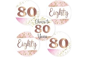 80th Birthday Stickers by Adore By Nat – 2 Inch Round Milestone Retirement and Anniversary Party Favor Labels in Rose Gold an