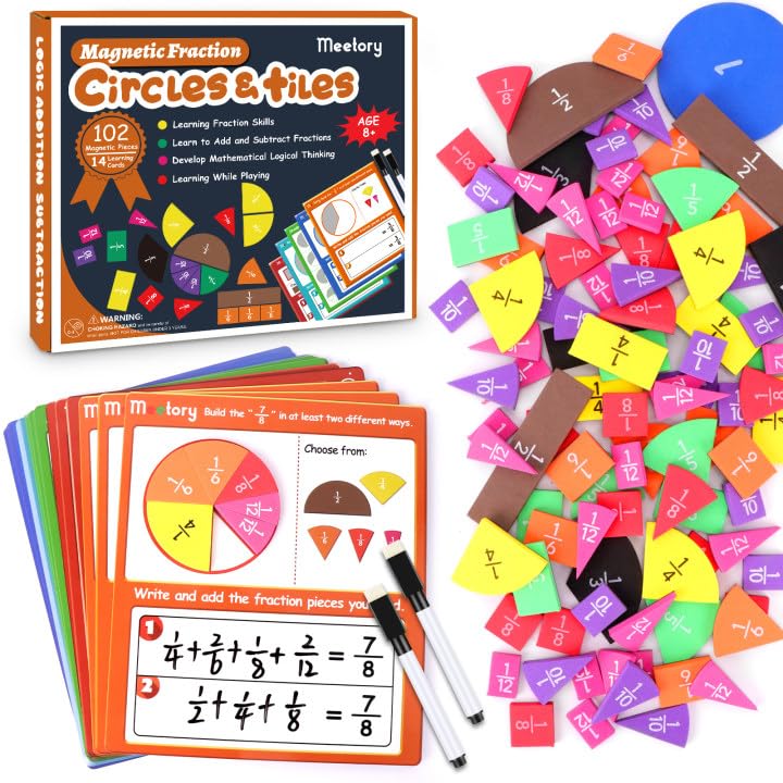 Meetory Fraction Tiles & Fraction Circles, Math Manipulatives Fractions Resources for for Elementary School Fraction Strips Bars Math Games for 6-12 Class Teaching Homeschool Supplies