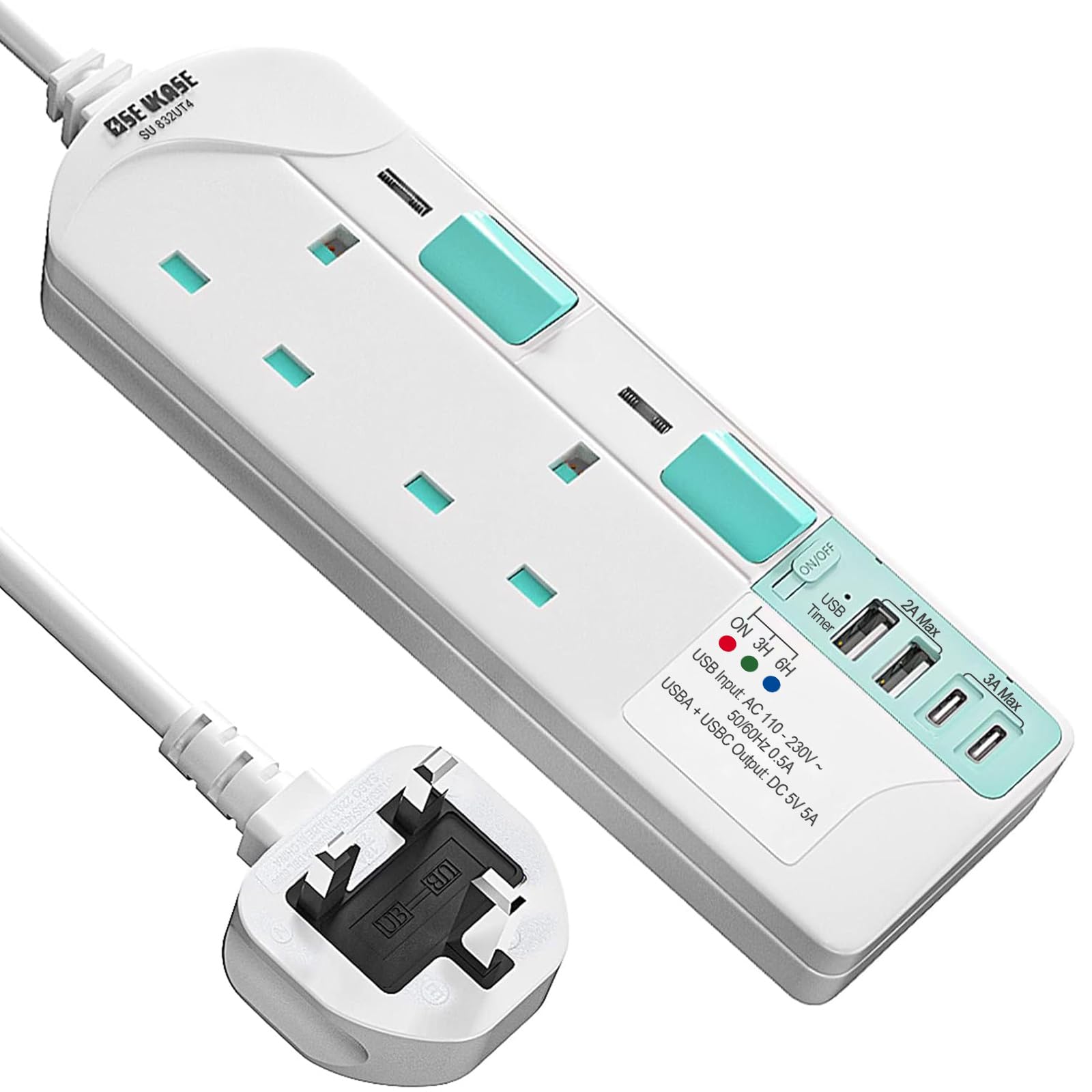 SE UKASE Extension Lead with USB Slots(5V/5A),USB Timer, 2 Way Plug Sockets with Individual Switches USB and Type C, Wall Mount Design with 2M Extension Cable 2990W — image 1
