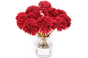 Tinsow 12Pcs Artificial Chrysanthemum Flowers Faux Red Ball Flowers Burgundy Fall Flowers for Christmas Autumn Farmhouse Home Decoration (12, Red)