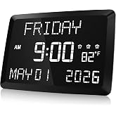 Raynic Digital Clock, 11.5" Large Display Calendar Clock with Day and Date, Indoor Temperature, Adjustable Brightness, Snooze,12/24H, DST for Home, Office, Elderly