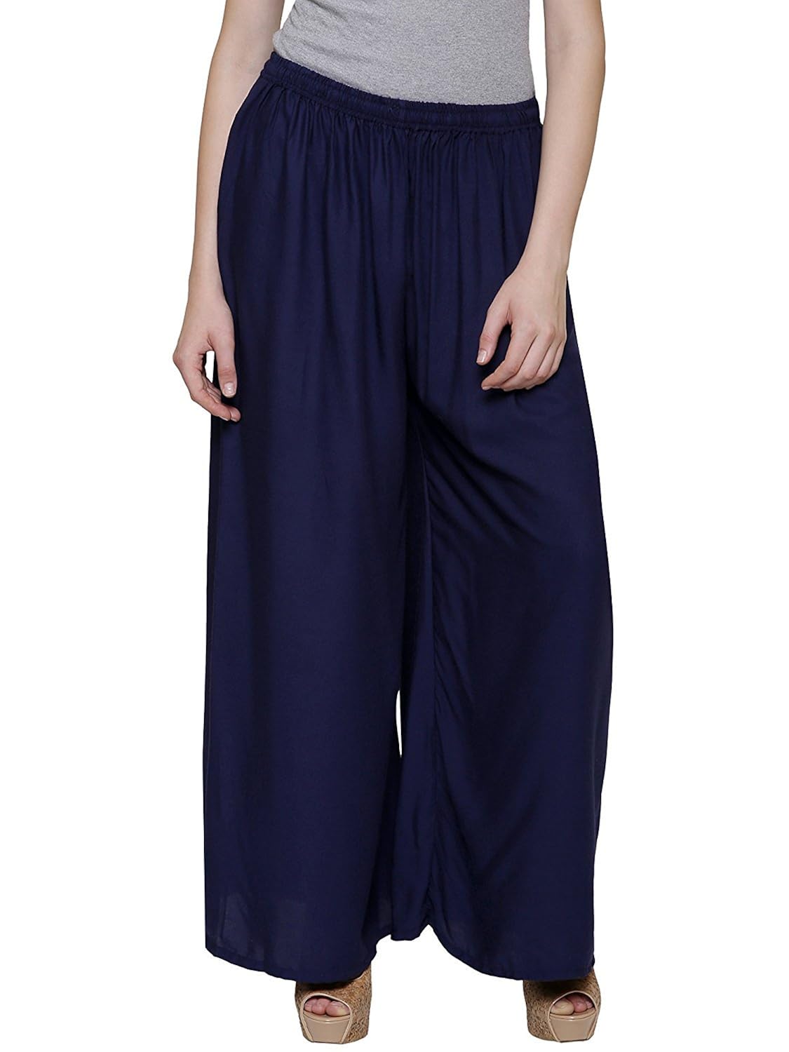 stylewhile navy blue rayon full length free size palazzo pant for women