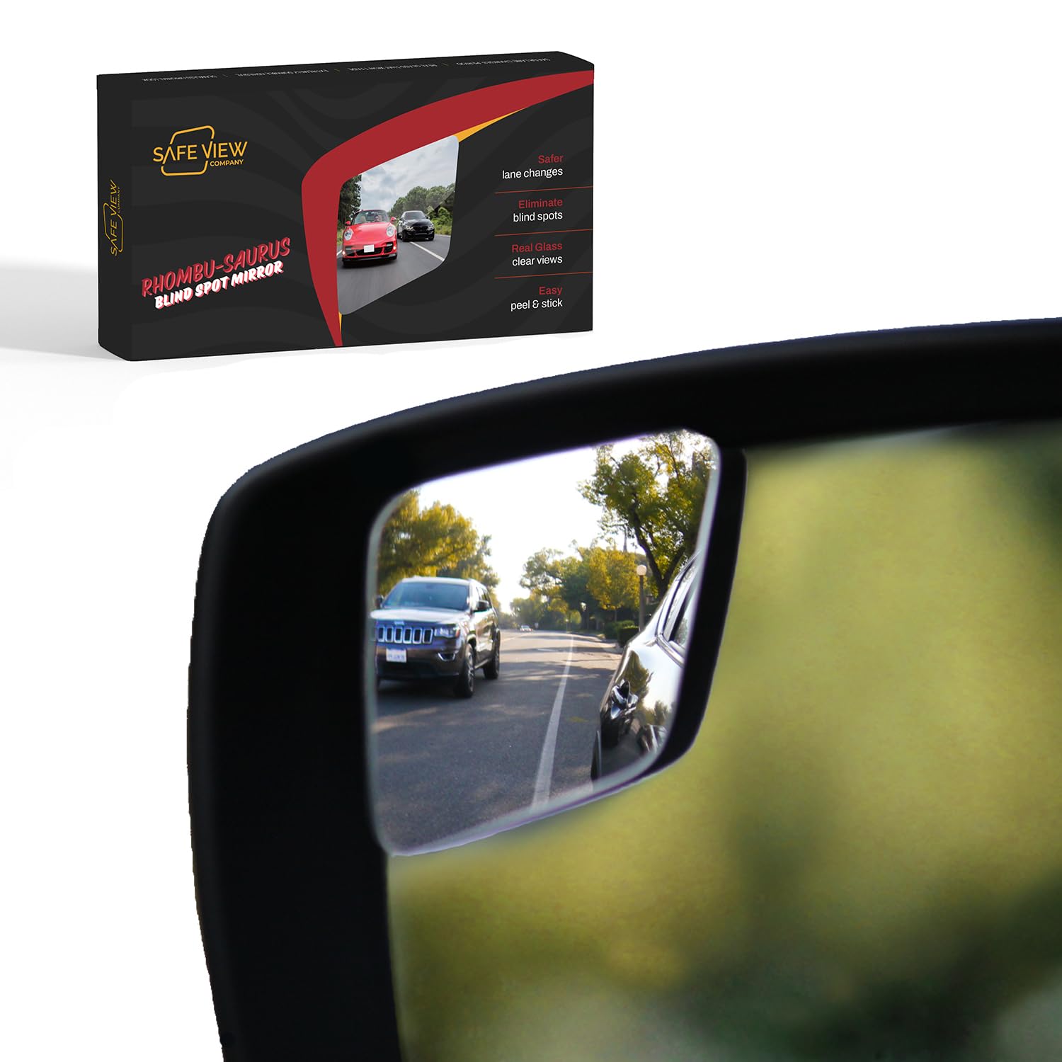 Photo 1 of "Rhombus 4000" Car Blind Spot Mirror by Safe View Company - Change Lanes w Confidence, Frameless HD Convex Glass, Seamlessly Contours to Rear View Side Mirrors, Peel & Stick (2Pack)