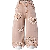 Nivne Tco Toddler Girls Wide Leg Jeans Zipper Fly Elastic Waist Heart Patch Casual Baggy Denim Pants with Five Pockets