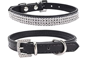 THAIN Basic Adjustable Dog Cat Collar Bling Rhinestones Shing Diamonds PU Leather with Rhinestones Buckle (XS(Length 8"-10"), Black)