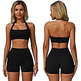 ABOCIW Workout Sets for Women Square Neck Halter Sports Bra High Waist Biker Shorts 2 Piece Gym Yoga Outfits