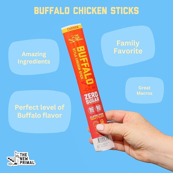 NEW PRIMAL BUFFALO CHICKEN STICKS, KETO, GLUTEN FREE HEALTHY SNACKS, SUGAR FREE LOW CARB HIGH PROTEIN, JERKY MEAT STICK, 9G PROTEIN, 20 CT