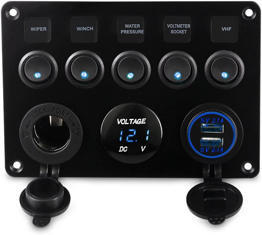 WATERWICH 5 Gang ON-Off Marine Ignition Toggle Rocker Switch Panel Waterproof with Digital Voltmeter 4.2A Dual USB Charger Cigarette Lighter Socket for RV Car Boat Vehicles Truck Trailer Yacht (Blue)