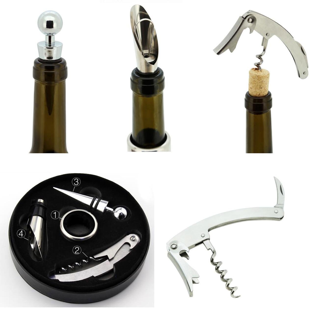 Vina Wine Opener Gift Set, 4 Pieces Wine Bottle Accessory Kit Includes: Stainless Steel Wine Corkscrew, Drop Ring, Wine Pourer, Wine Stopper, Arranged In a Elegant Box, Brown