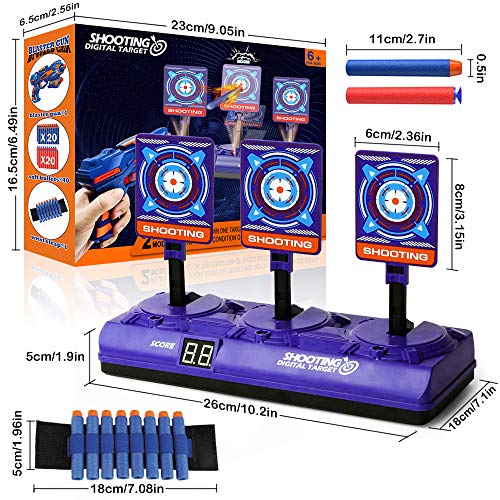 Cible Nerf Electronique, Cible de Scores de Réinitialisation Automatique avec 1 Pistolet 40 Fléchettes Mousse et 1 Bandes de Poignet, D\'effet Sonore intelligent, Jouet de tir Cadeau Garçons 5 - 12 Ans