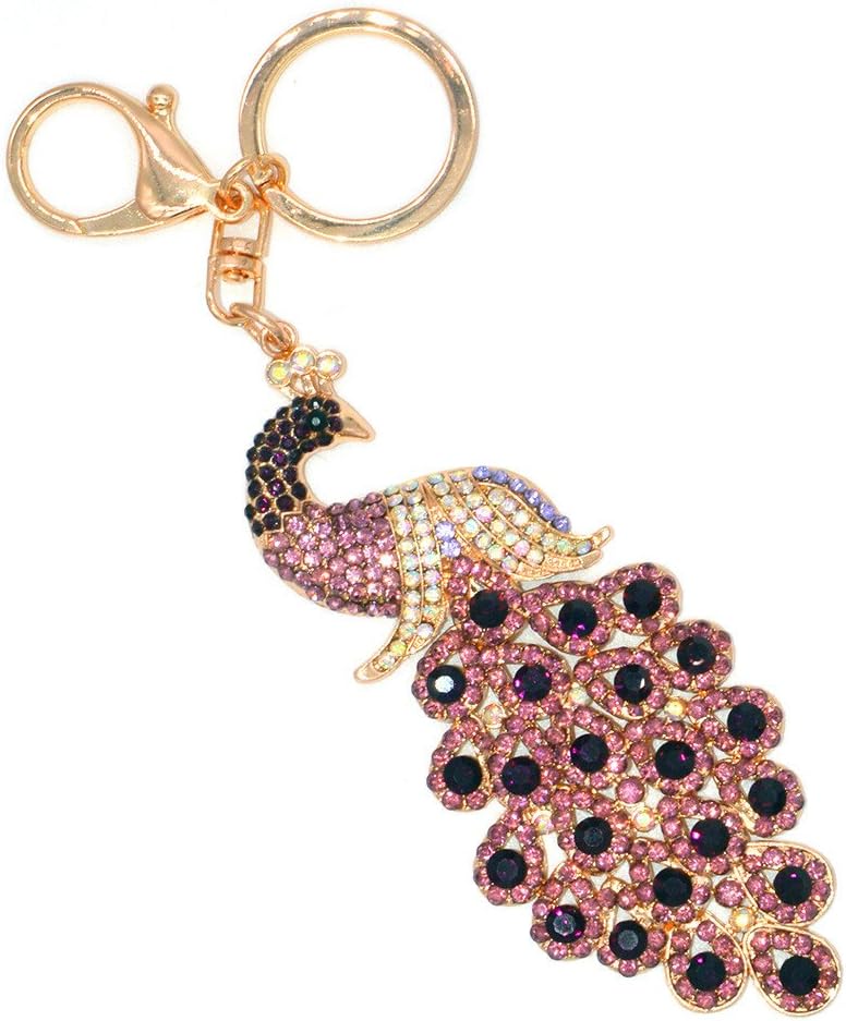 Peacock Metal Bling Crystals Rhinestone Keychain Alloy Keyring Keyfob Charm for Handbags Wine Red, 10.5cm/4.13inch