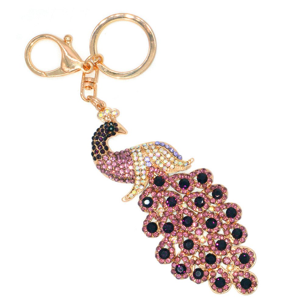 Peacock Metal Bling Crystals Rhinestone Keychain Alloy Keyring Keyfob Charm for Handbags Wine Red