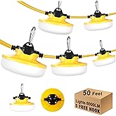 JC-LGL LED Construction String Light 50FT, 65W 8000Lm Industrial LED String Work Lights with 5 Bulbs, 5000K Linkable Work Lights Temporary Lighting for Construction Site, Job Site, Attic, Crawl Space