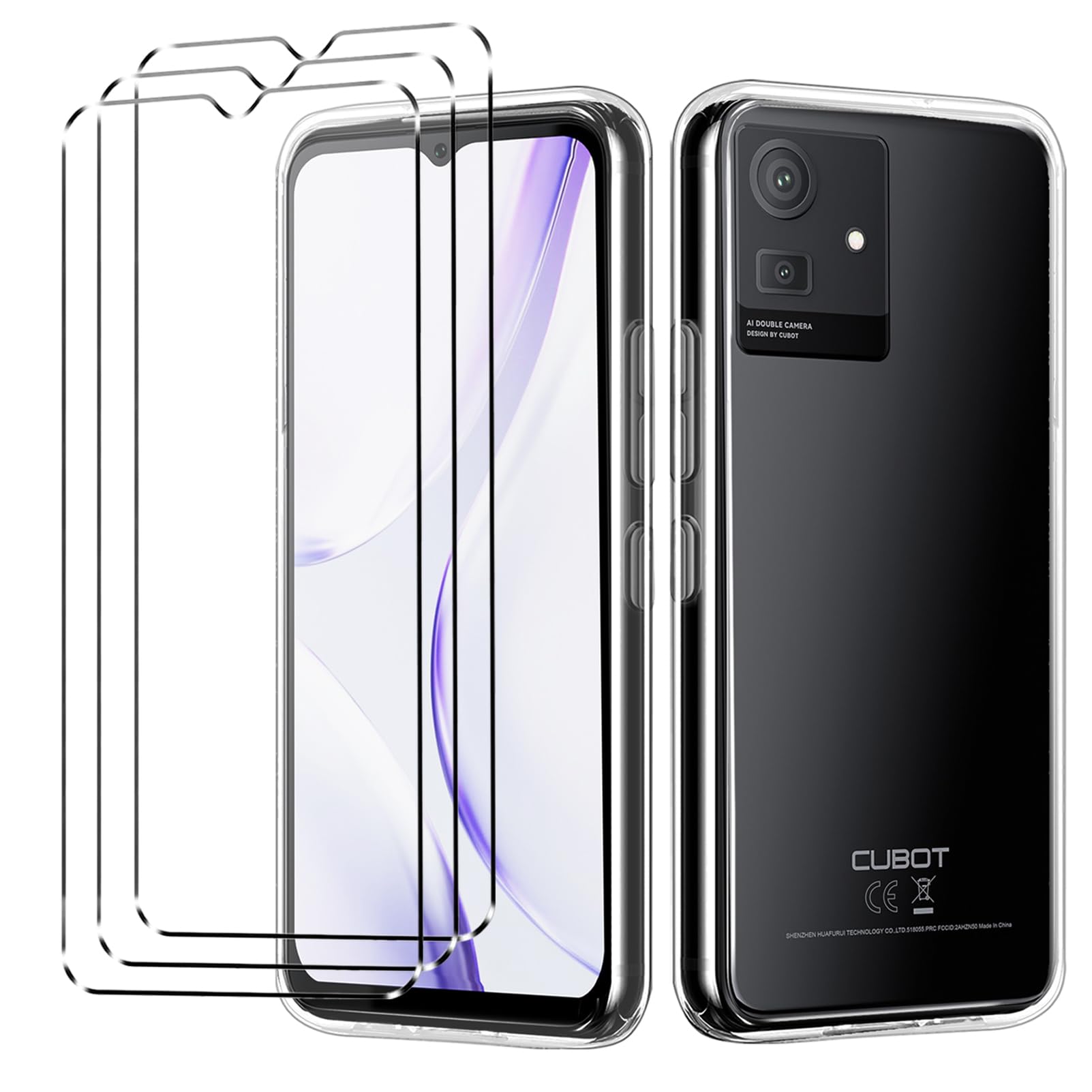 [4 in 1] Case Compatible with Cubot Note 50 Cover with 3 Pack Tempered Glass Screen Protector for Cubot Note 50, Slim Fit Soft TPU Shockproof Anti-Scratch Phone Case Cover - Clear