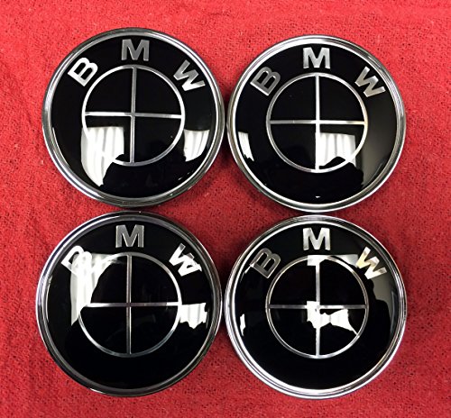 BMW Matte Black Emblem Logo Badge Set 7-pc 82/82 Hood Trunk Steering Wheel Sticker 68mm Wheel Center Caps