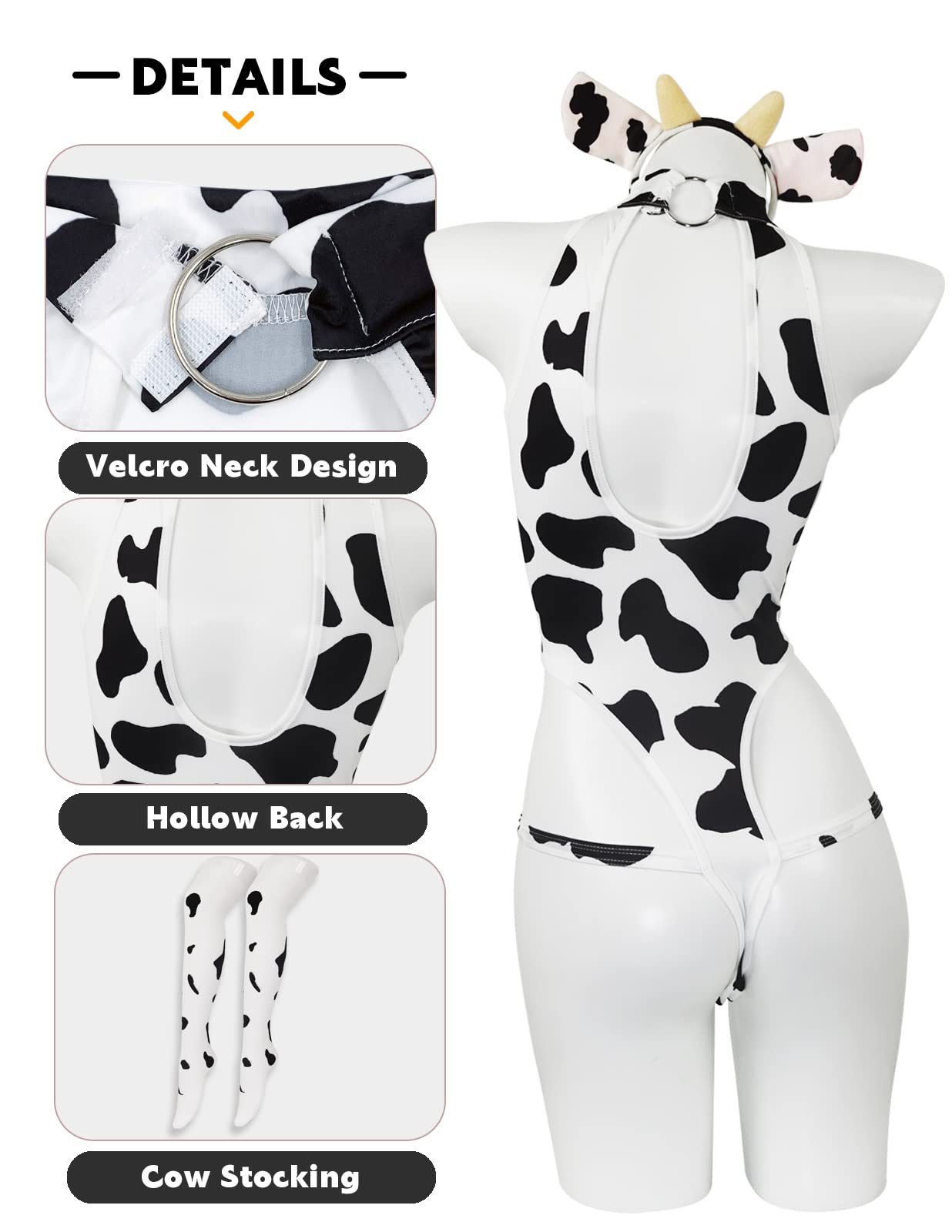 paloli Womens Anime Cow Cosplay Bikini Lolita Kawaii Bra and Panty Set Japanese Underwear White Stocking