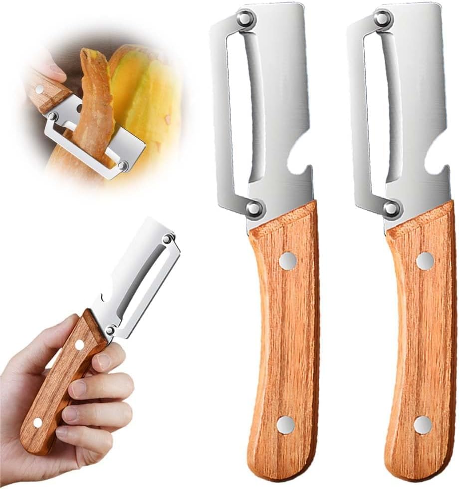 Multi-Functional Vegetable Peeler for Kitchen, Ultra-Sharp Stainless Steel Blade with Wooden Handle and Bottle Opener, for Ve