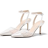 Coutgo Womens Closed Toe High Heels Mesh Satin Pointed Toe Dress Shoes Ankle Strap Pacthwork Wedding Pump Shoes
