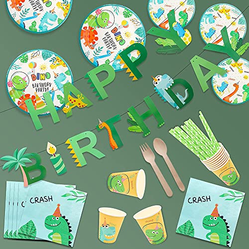 NINEFO Dino Birthday Decoration, 16 Guests Dinosaur Decoration Party Supplies Set Children's Tableware Paper Plates Cups Straws Napkins Banner Boy (Green), (NI-005)