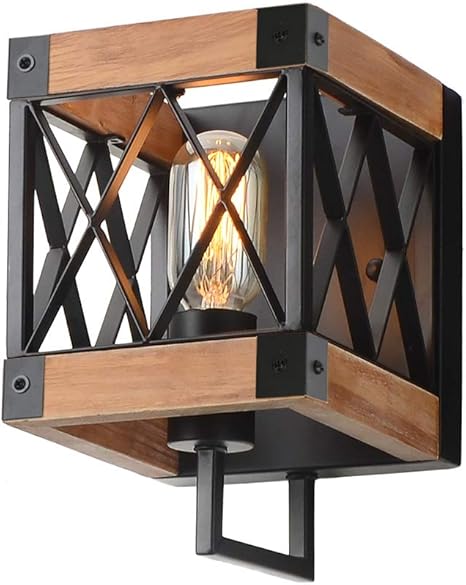 eumyviv lampara de pared de madera rustica con candelabro industrial con rejilla lampara retro para el bano iluminacion de candelabro edison