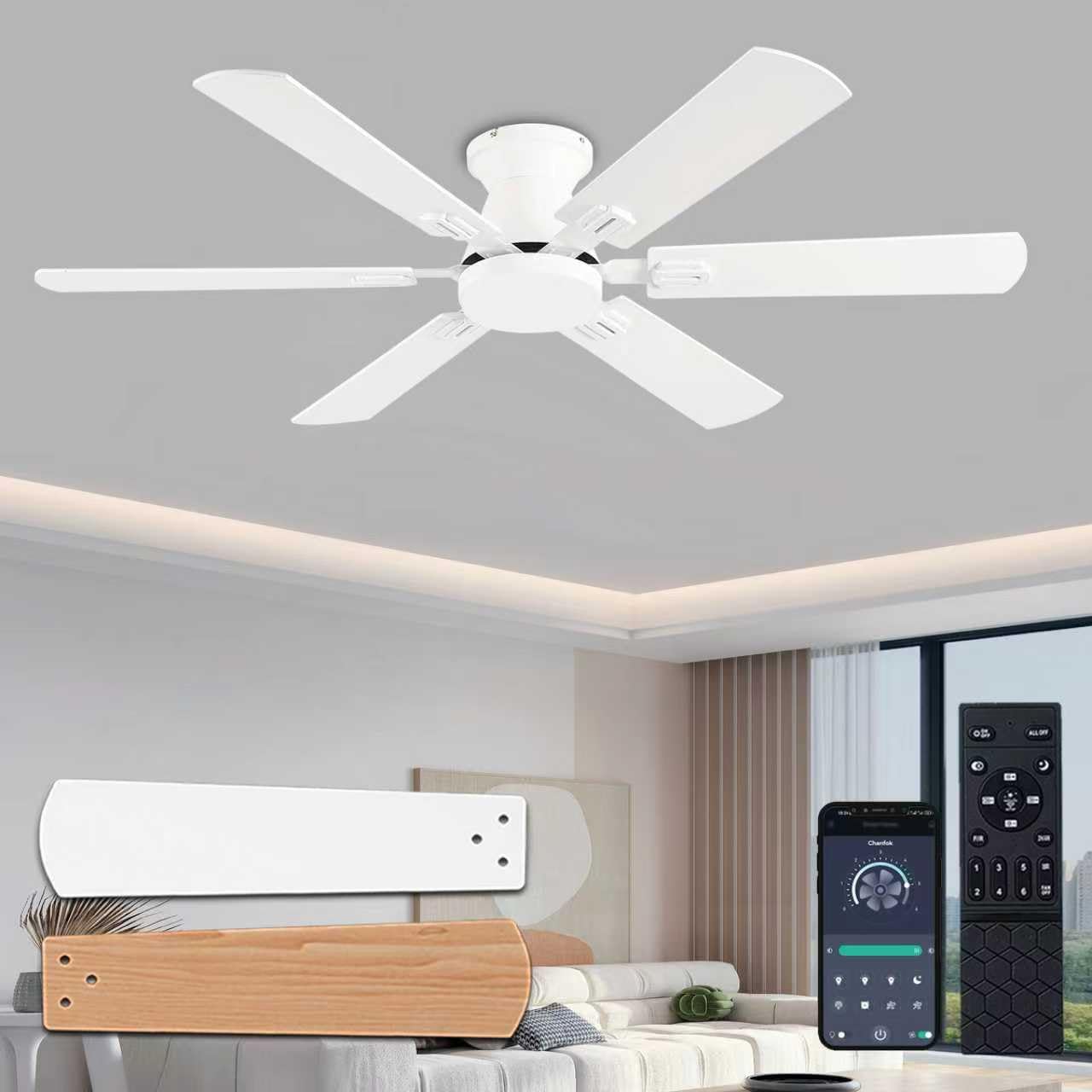 Photo 1 of (PARTS) (UNTESTED) KNUN 56 inch Ceiling Fans with Lights, White Flush Mount Ceiling fan with Light and Remote/APP Control, 3CCT, Dimmable, Noiseless, Low Profile Ceiling Fan for Bedroom, Patio, Indoor/Outdoor Use