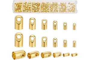 PH PandaHall 180pcs 6 Sizes Gold Cord Ends Caps Brass Bead Loop Barrel Clasp Crimp Beads Tassel Cap Cord Link Buckle for Necklace Bracelet Making