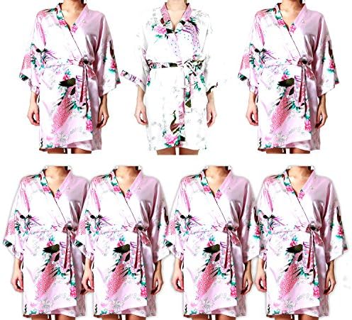 Set of 7 Bridesmaid Robes 1 White and 6 Pale Rose (regular- length 34")