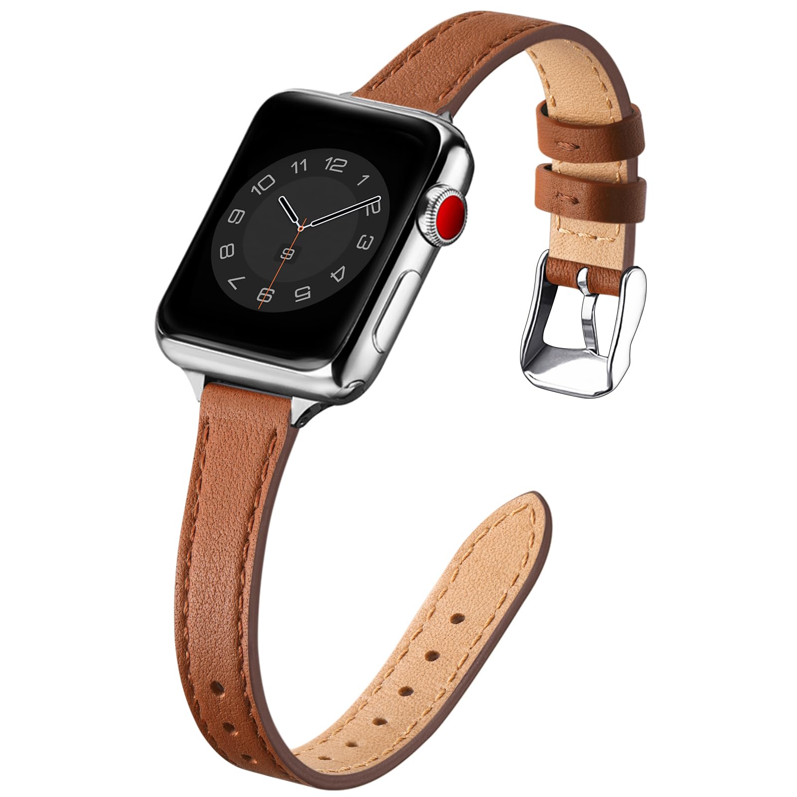 SUNFWR Compatible with Apple Watch Strap 42mm 44mm 45mm,Genuine Leather Strap Replacement,Slim&Thin Wristband for iwatch Series 7/6/5/4/3/2/1,SE(42mm 44mm 45mm,Brown&Silver)