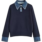 BQDCQB Womens Fall Oversized Long Sleeve Sweaters 2 in 1 Denim Panel Lapel Sweater Polo Knit Sweater Tops
