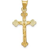 14k Real Gold Crucifix Pendant Necklace for Men and Women with Satin Finish Jesus Cross Charm in Yellow Gold Catholic Religious Jewelry Baroque Style Christian Faith Spiritual Statement Accessory