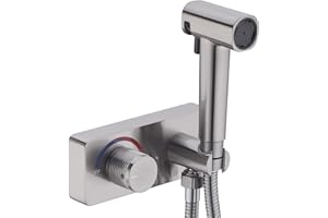 HOMYEP Brass Handheld Toilet Bidet Sprayer Attachment with Spray-Holding Jet, Bathroom Vanity Mount Bidet Faucet with Hot and Cold Water, 4-Inch Center-Set RV Shower Valve, Brushed Nickel