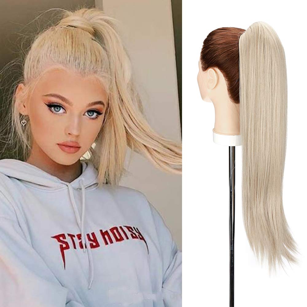 22inch Long Curly Ponytail Extension Jaw Claw on Pony Tail Clip In Hair Extensions Wavy Hairpiece #Ash Blonde mix Bleach Blonde