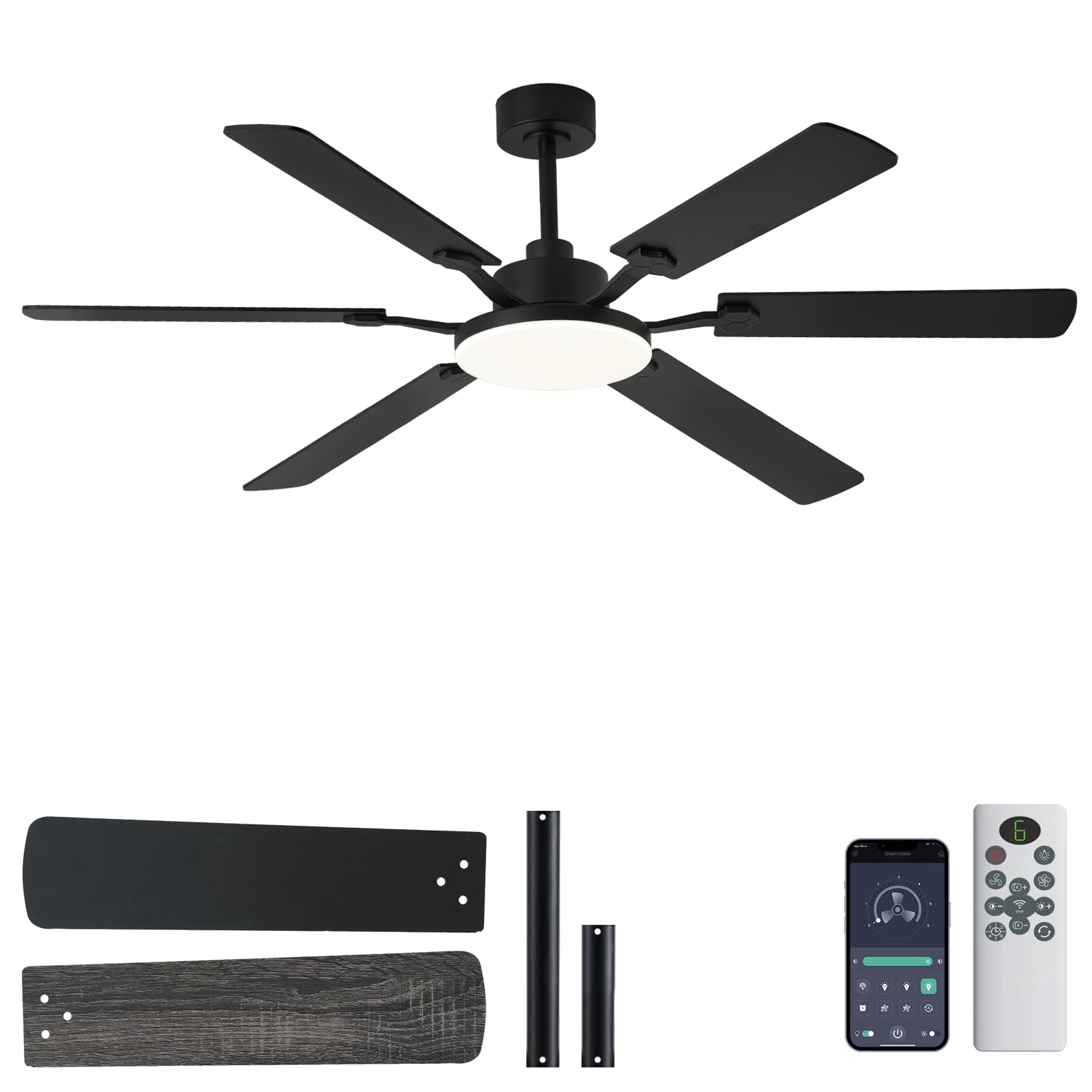 Photo 1 of NKPU 60 Inch Ceiling Fans with Lights, Large Modern Black Ceiling Fan with Light and Remote Control, 6 Double Sided Blades, 6 Speed DC Motor, Dimmable LED, Silent Timing, Indoor Outdoor Patio Use