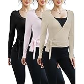 Simlakey 3 Pack Women Ballet Pilates Wrap Tops Y2K Workout Yoga Wrap Shirts Dance Long Sleeve Tie Front Crop Going Out Tops