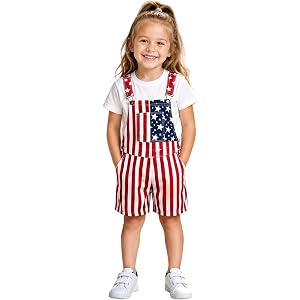 JHOKCI Kids 4th of July Outfit American Flag Printed Bibs Overalls Adjustable Straps Patriotic Romper Shorts Casual Jumpsuit