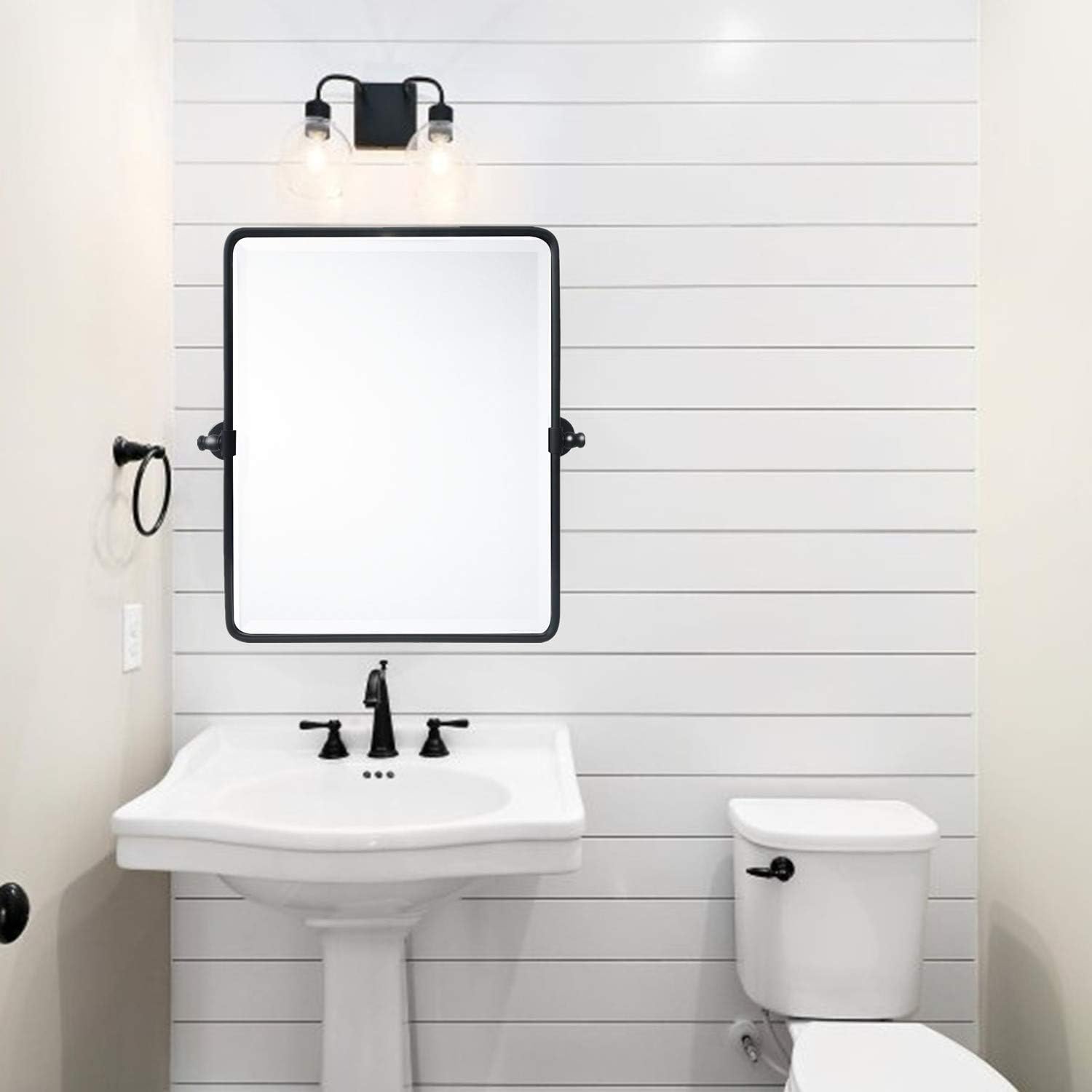 20 x 24 ‘’ Farmhouse Black Metal Framed Pivot Rectangle Bathroom Mirror Rounded Rectangluar Tilting Beveled Vanity Mirrors for Wall Décor: Kitchen & Dining