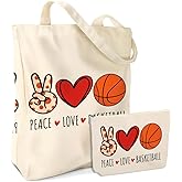 Peace Love Basketball Stuff,Basketball Gifts for Women Coach Teacher Mom Girl Bestie Sister Friendship Birthday Christmas 2PCS Cosmetic Bags Canvas Tote Bag Beach Bag with Pocket Makeup Bags