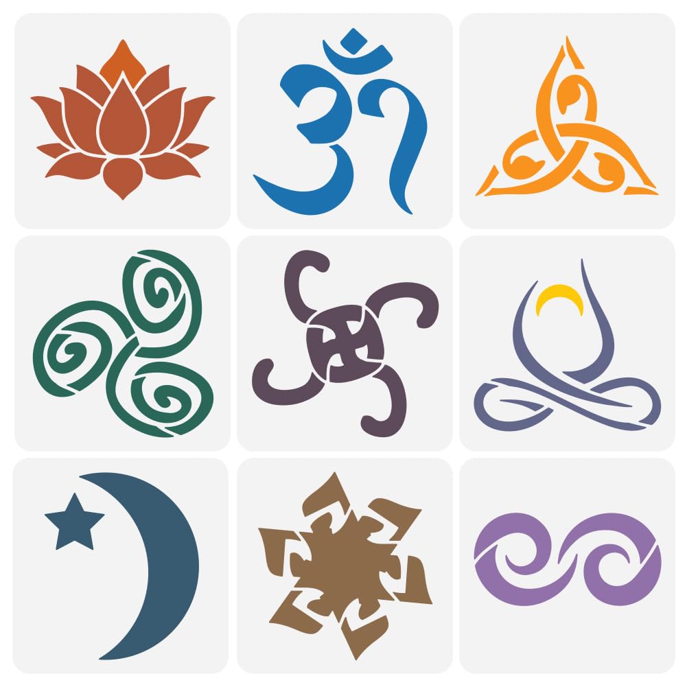 FINGERINSPIRE 9PCS Spiritual Symbols Stencils for Painting 15x15cm Reusable Religion Symbols Drawing Templates Plastic PET Moon Star Lotus Flowers Painting Stencils for Wall Floor Decoration
