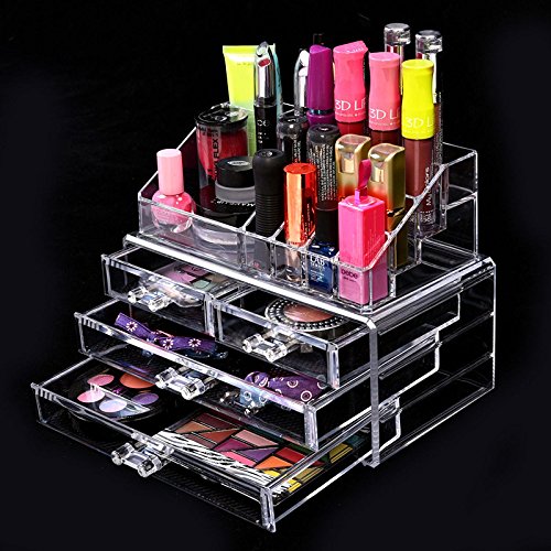 Clear Acrylic Cosmetic Storage Organizer, Boxes Makeup and Jewelry Organizer Large 3 Drawers with Removable Black Mesh Padding