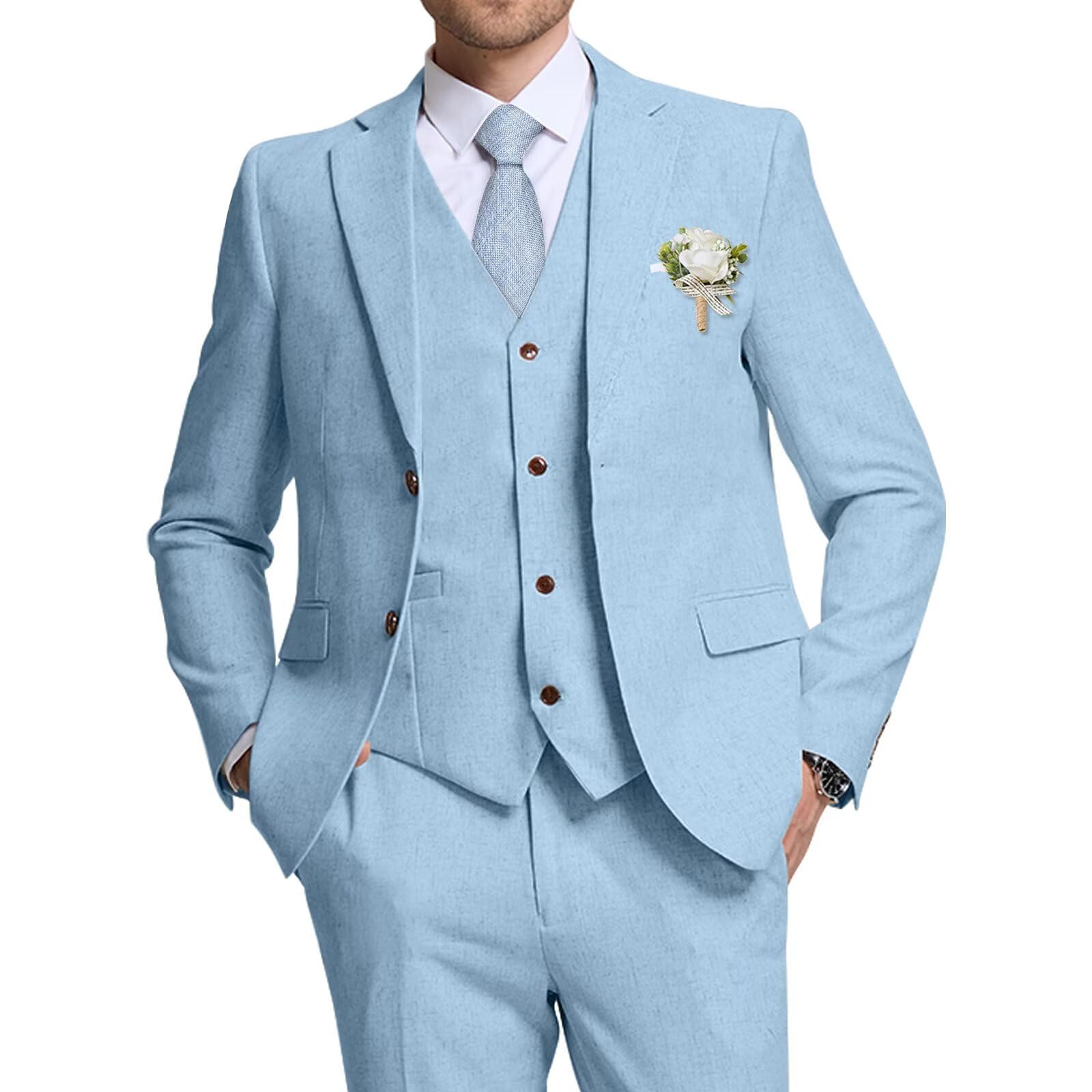 High-End Suits Retro Blue Linen Suit for Men Casual