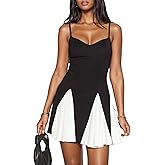 Kwunbwa Women's Spaghetti Strap Mini Dress Color Block Pleated A line Flowy Sexy Casual Party Prom Summer Short Dresses