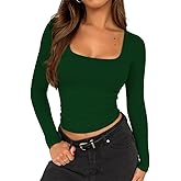 ForeFair Women Square Neck Long Sleeve Going Out Tops Tight Double Lined Basic Tees Shirt