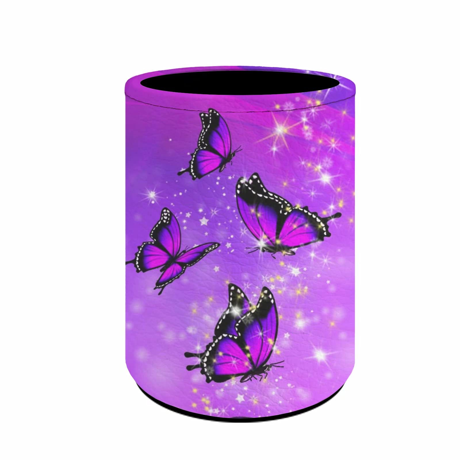 Pizding Girl Women Makeup Brush Holder Print Pink Butterfly Round Pencil Holder for Desk Student Pen Case Desk Stand Decor PU Leather Desk Organizer Case