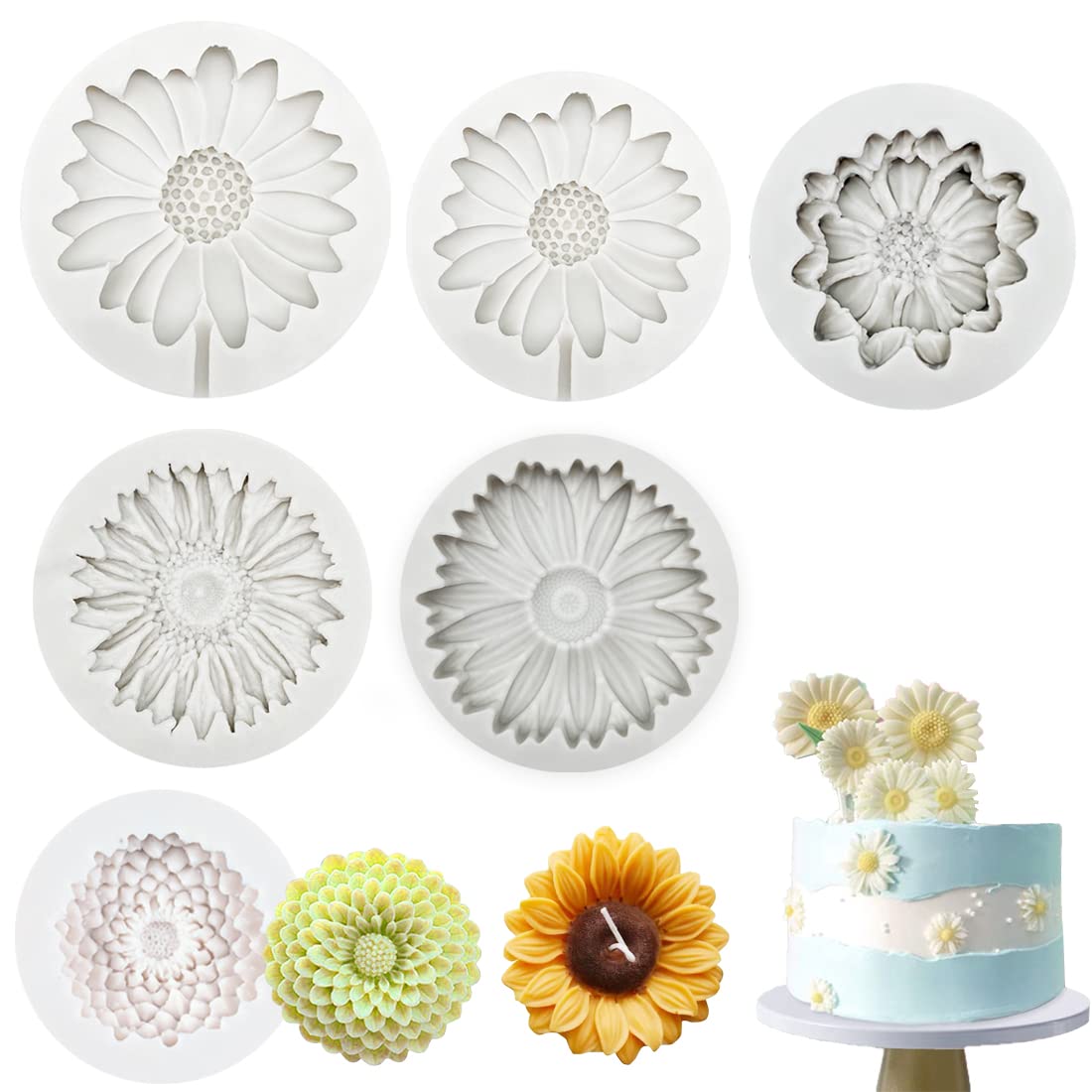 Paotxpum 6 PCS 3D Chrysanthemum Flower Silicone Mold, Flower Fondant Cake Baking Molds, Chocolate Candy Mold for Party Baby Shower Cake Decoratin Clay,Soap Crafting Projects 6pcs