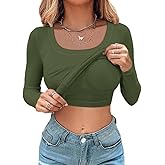 CHICME Women's Fall Long Sleeve Square Neck T Shirts with Built-in Shelf Bra Ribbed Knit Slim Fit Casual Basic Tops