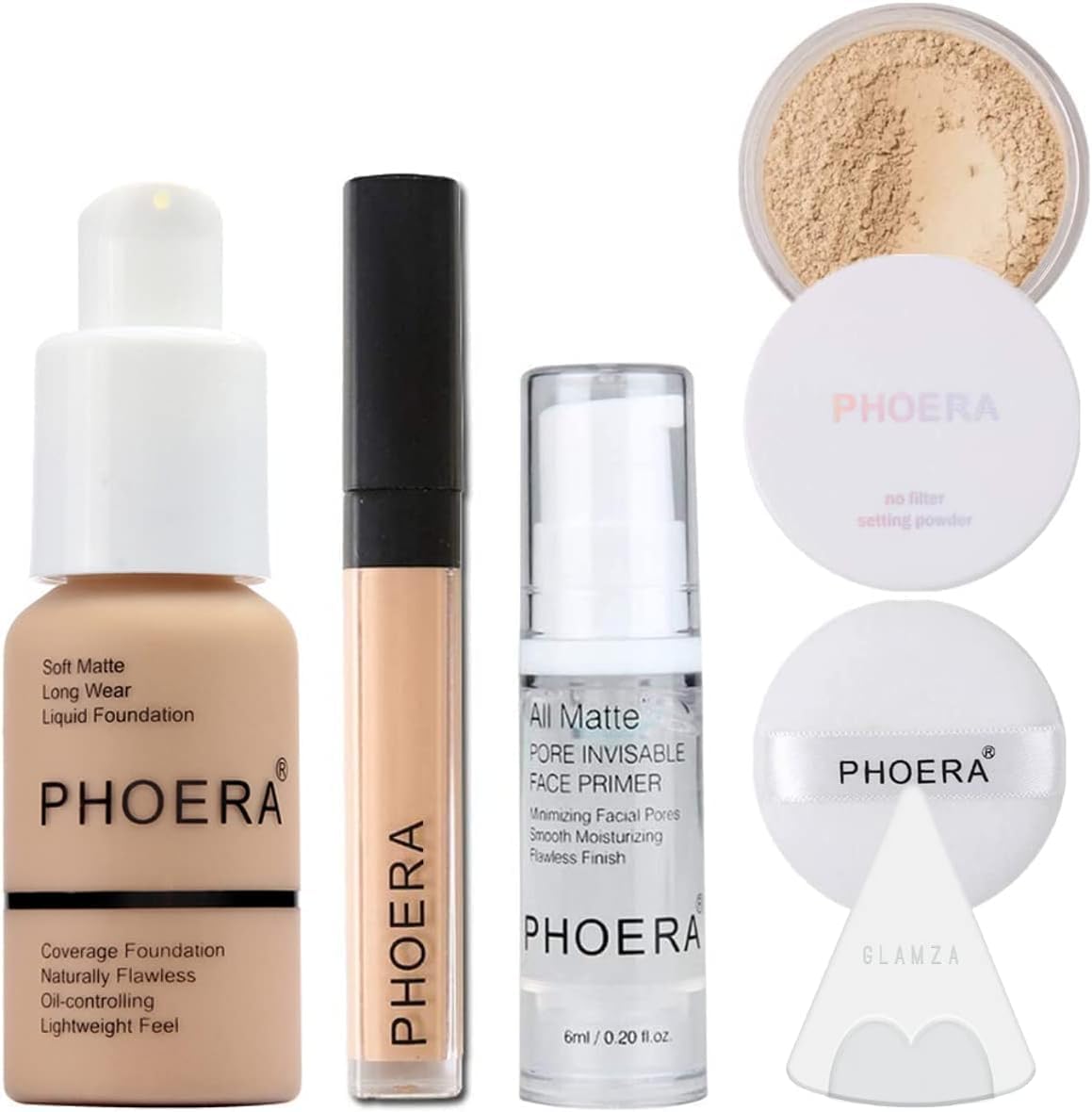 Phoera Foundation Full Coverage Makeup Set - Includes Nude 30ml Matte Foundation, Phoera Concealer (Neutral), 6ml Face Primer, Cool Beige Setting Powder & Silicone Blender Sponge for Easy Application